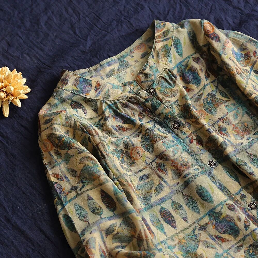 Women's Puff Sleeve O-Neck Cotton Linen Shirt
