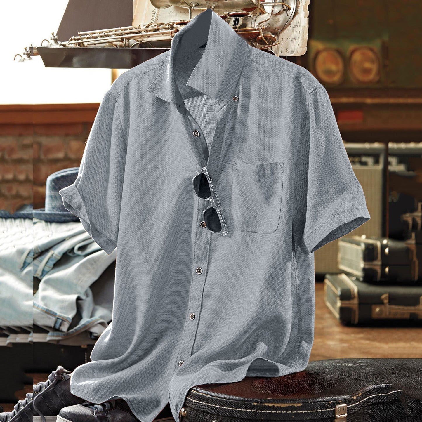 Men's Short Sleeve Casual Slim Cotton Linen Shirts