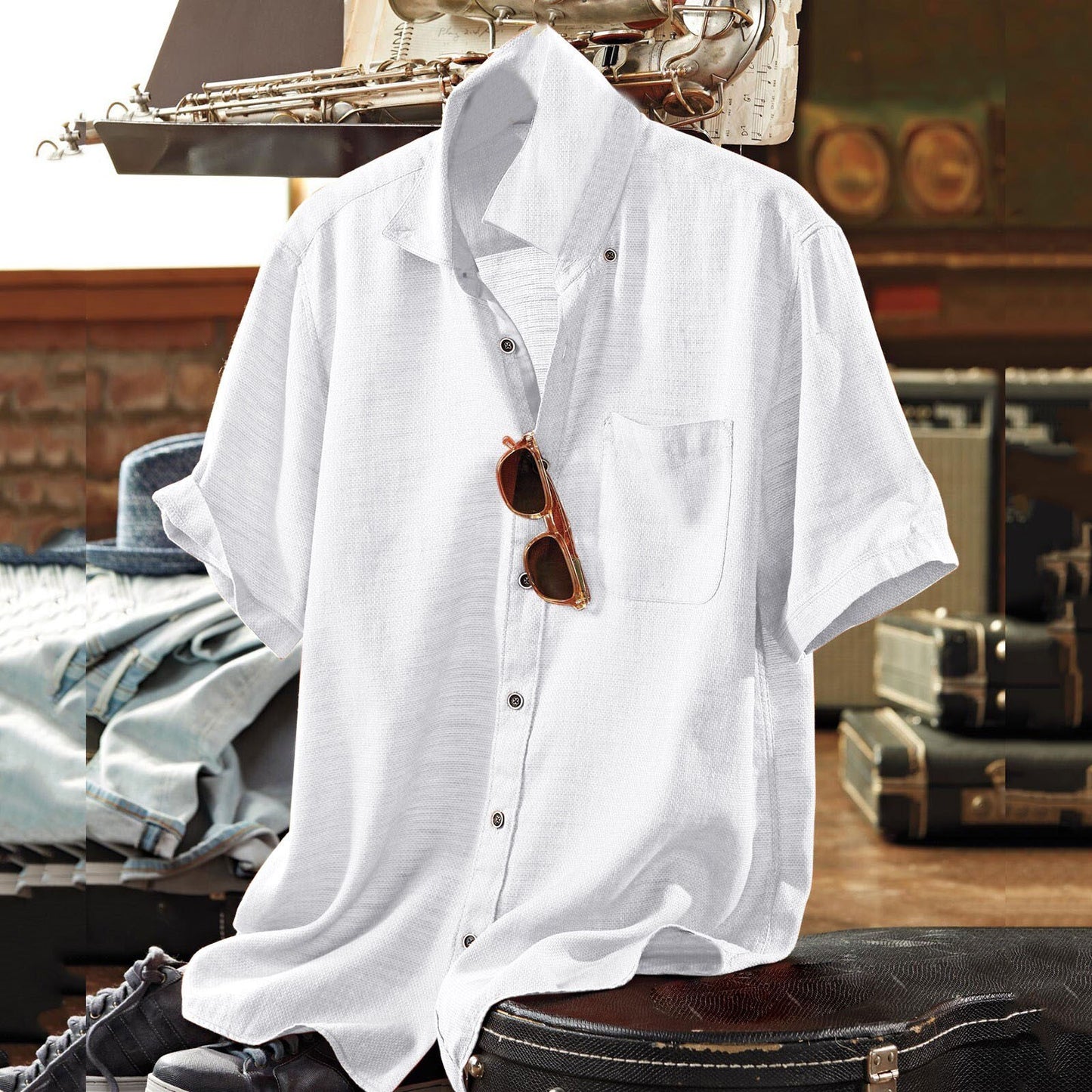 Men's Short Sleeve Casual Slim Cotton Linen Shirts