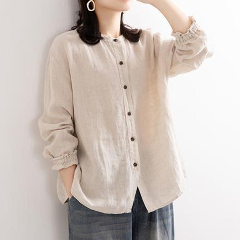 Women Long Sleeve O-neck Loose Cotton Linen shirt