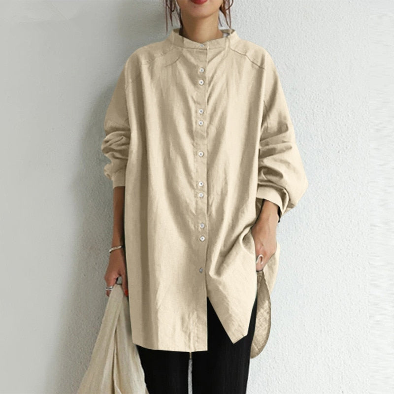 Women's Long Sleeve Button O-Neck Cotton Linen Blouse