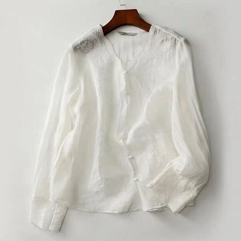 Women's V Neck Sweet Long Sleeve Embroidery Linen Blouse