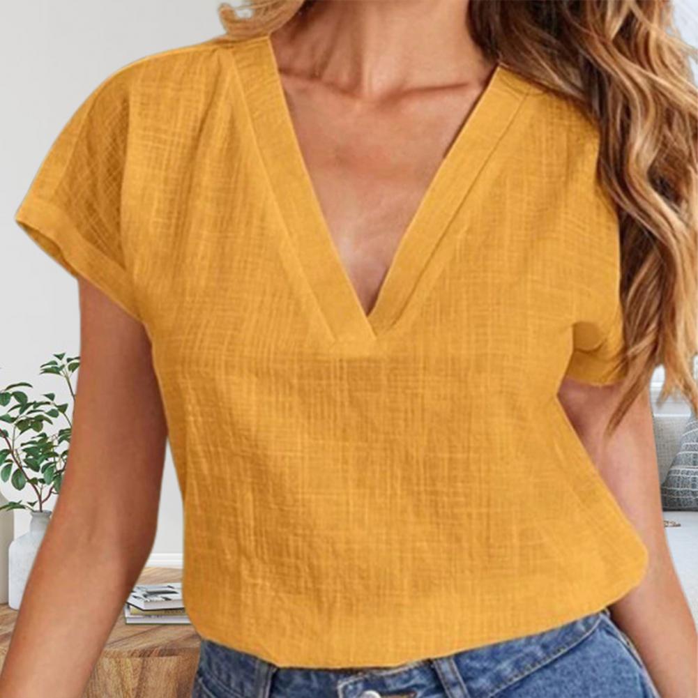 Women's Short Sleeve V-Neck Cotton Linen Blouse