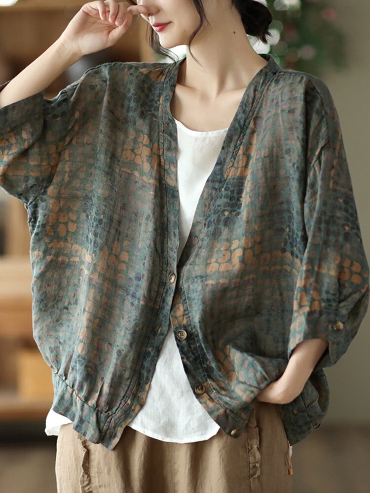 Women's Three Quarter Sleeve V-Neck Loose Cotton Linen Tops
