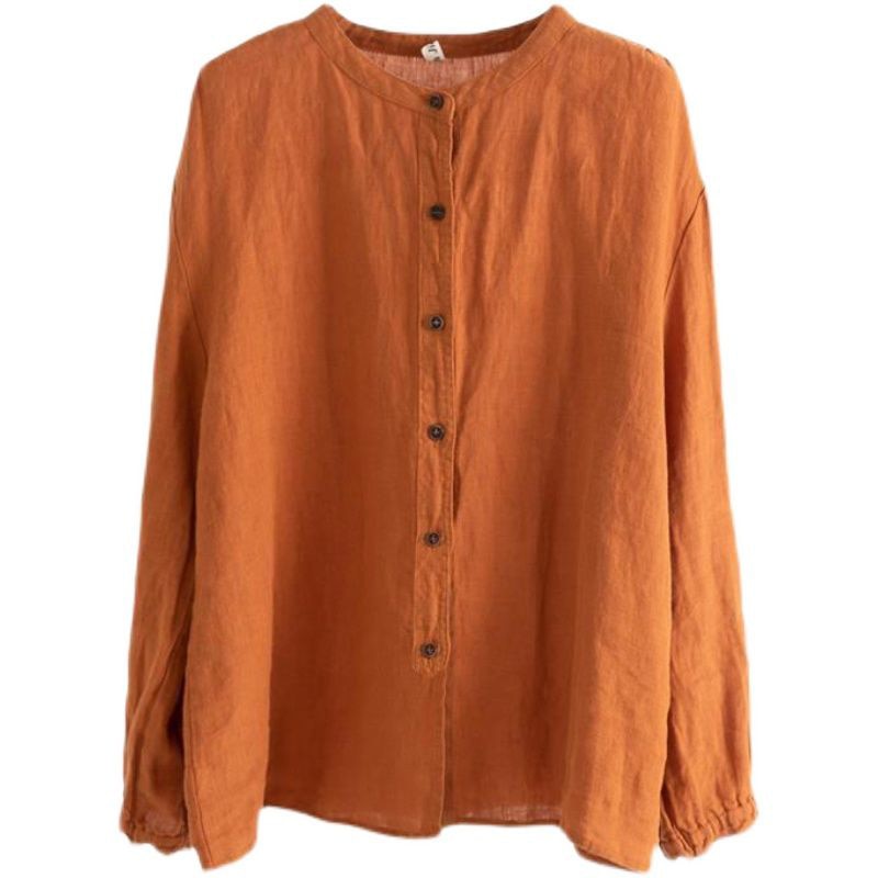 Women Long Sleeve O-neck Loose Cotton Linen shirt