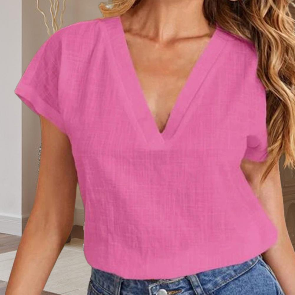 Women's Short Sleeve V-Neck Cotton Linen Blouse