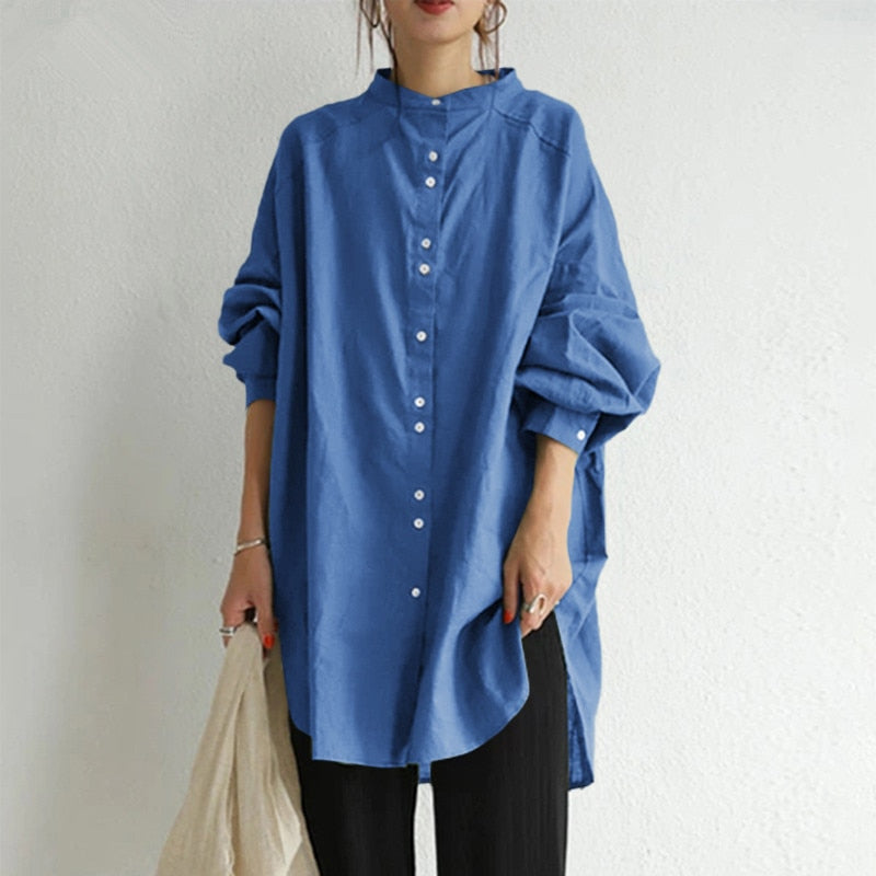Women's Long Sleeve Button O-Neck Cotton Linen Blouse