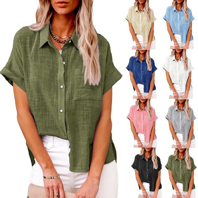 Women's Short Sleeve Cotton Linen Loose Blouse