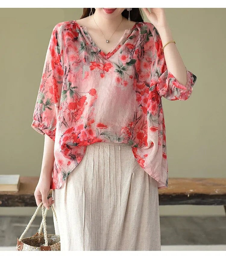 Women's V Neck Cotton Linen Thin Half Sleeve Shirts