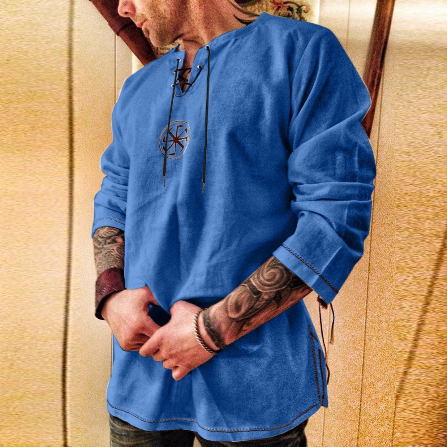 Men's Viking Embroidered Cotton Linen V-neck Shirt