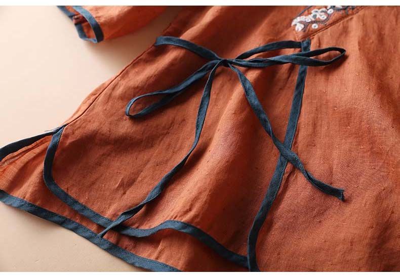 Women's 3/4 Sleeve Embroidered V-Neck Cotton Linen Blouse