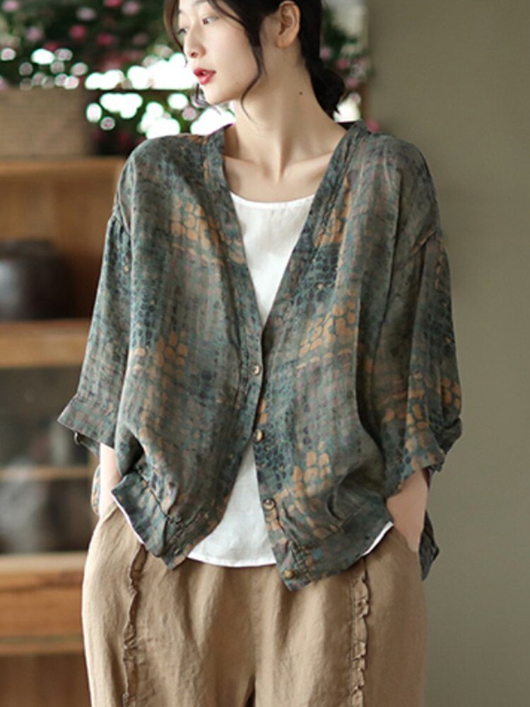 Women's Three Quarter Sleeve V-Neck Loose Cotton Linen Tops