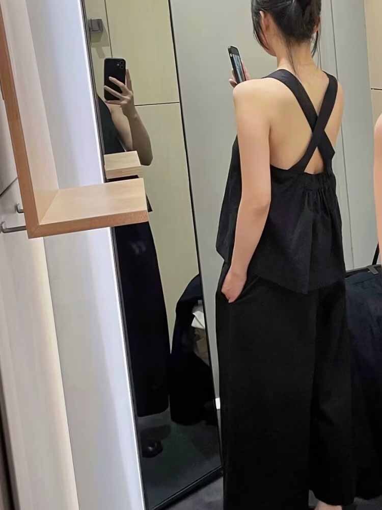 Women's Sleeveless Cross Wide Straps Linen Blouses