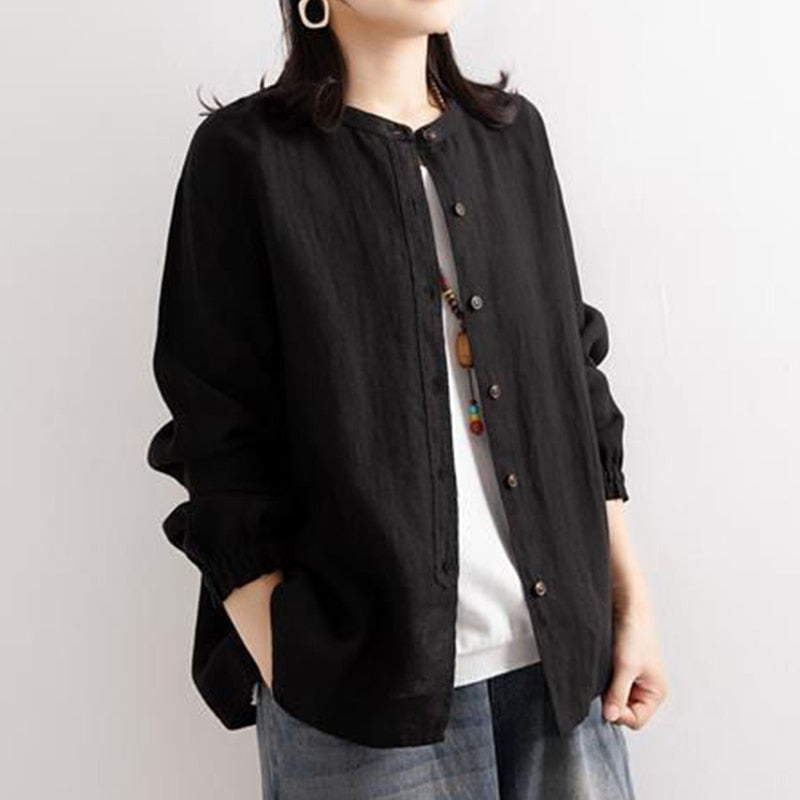 Women Long Sleeve O-neck Loose Cotton Linen shirt