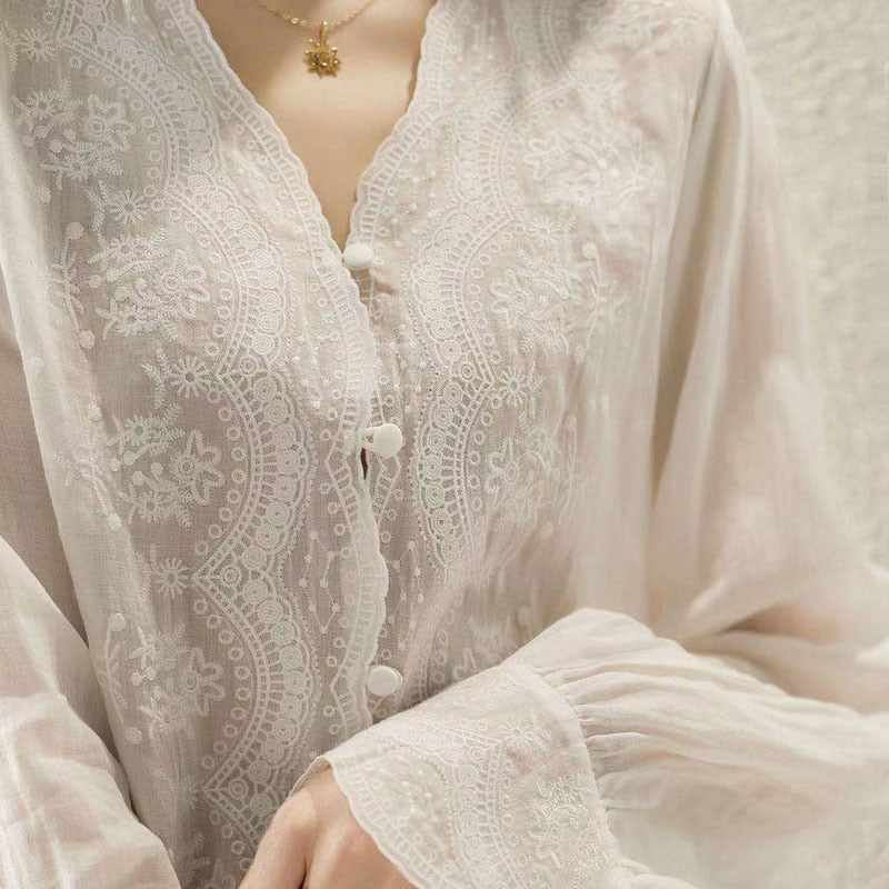 Women's V Neck Sweet Long Sleeve Embroidery Linen Blouse
