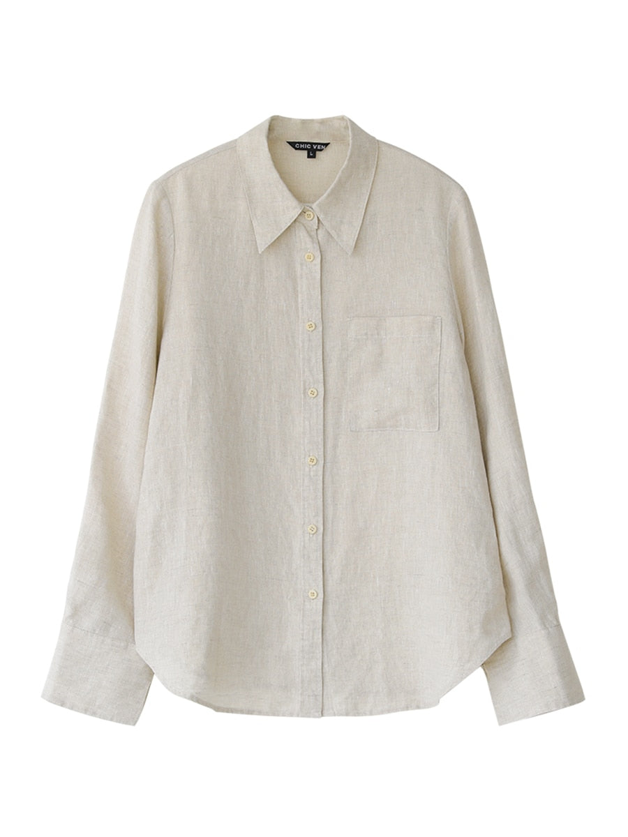 Women's Long-sleeved Solid Loose Fit Linen Shirt