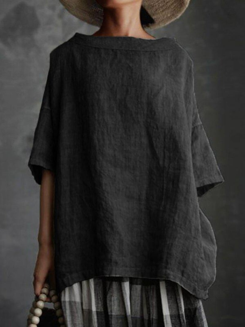 Women's Short Sleeve O-Neck Cotton and Linen Loose Blouses