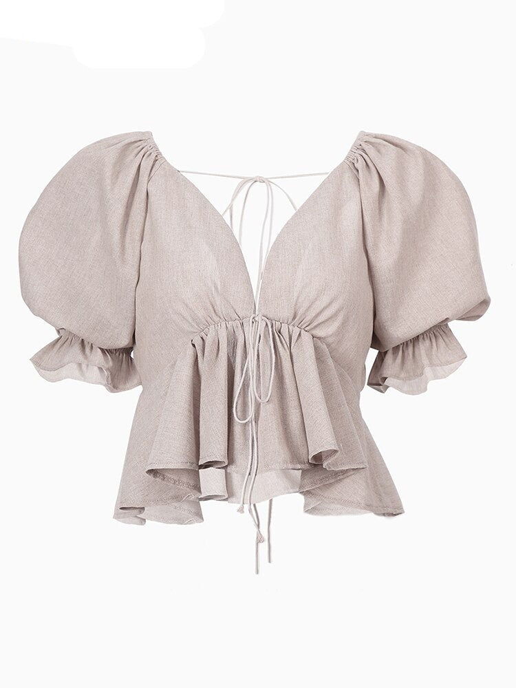 Women's Puff Sleeve Deep V-Neck COTTON Linen Shirt