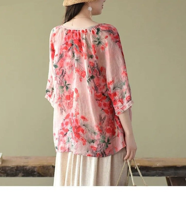 Women's V Neck Cotton Linen Thin Half Sleeve Shirts