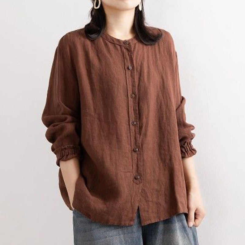 Women Long Sleeve O-neck Loose Cotton Linen shirt