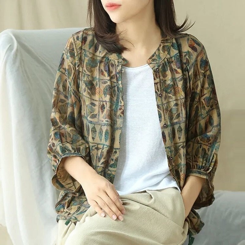 Women's Puff Sleeve O-Neck Cotton Linen Shirt