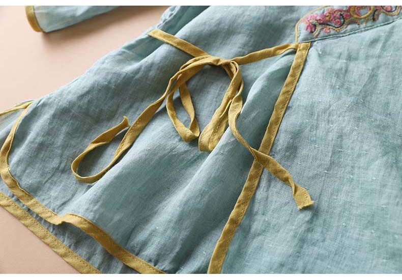 Women's 3/4 Sleeve Embroidered V-Neck Cotton Linen Blouse