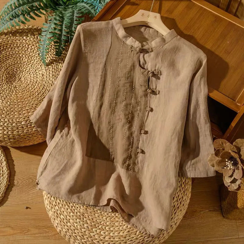 Women's Three Quarter Sleeve Patchwork Loose Cotton Linen Shirt