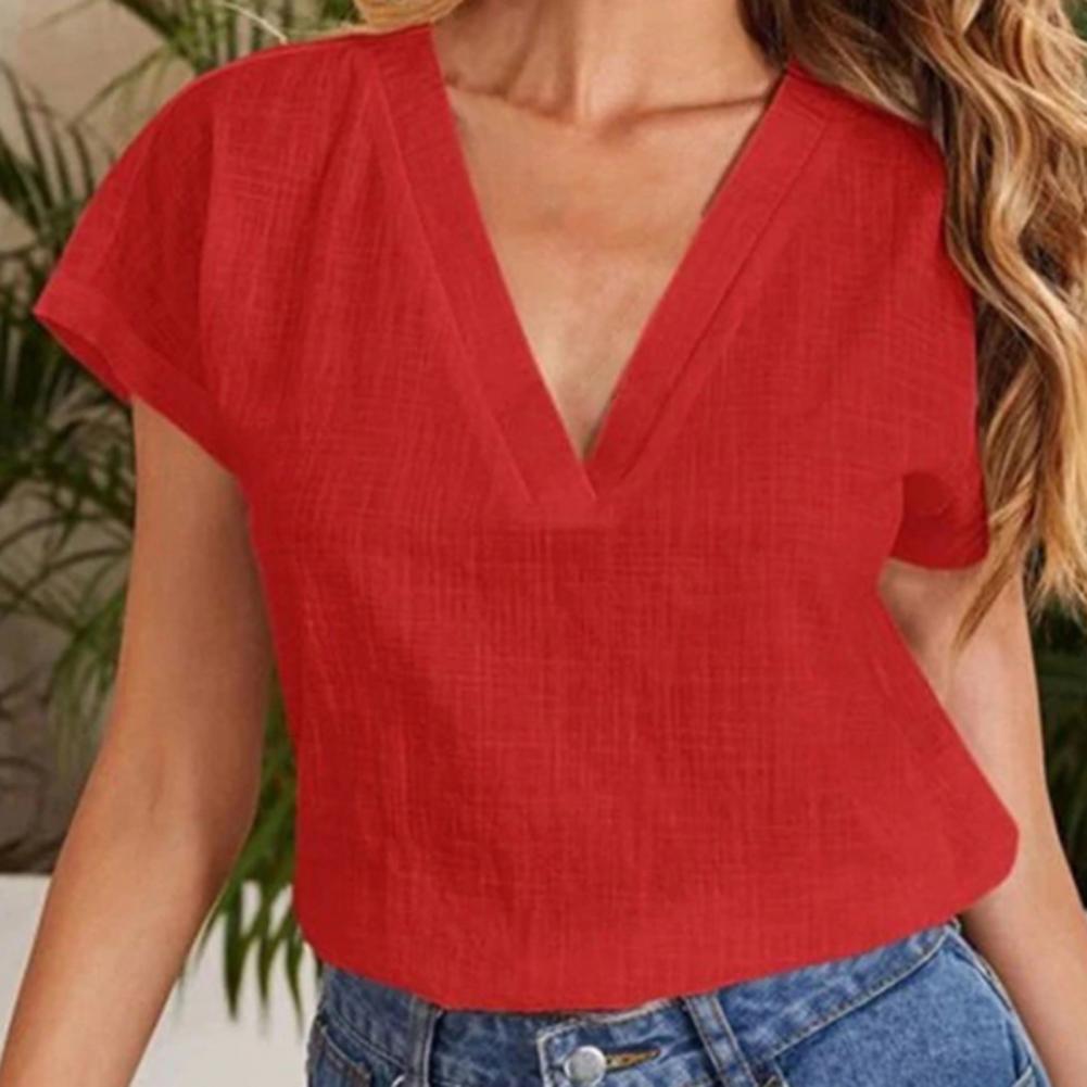 Women's Short Sleeve V-Neck Cotton Linen Blouse