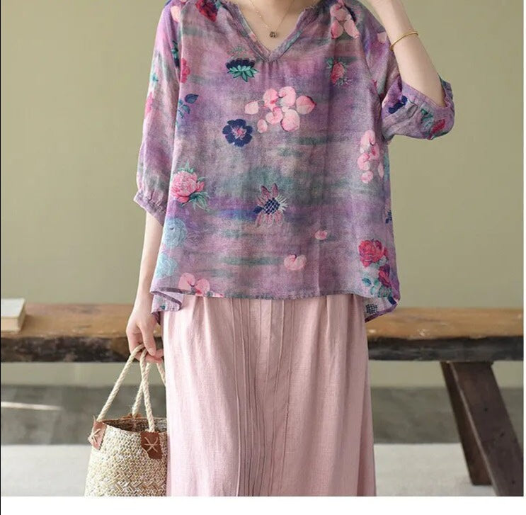 Women's V Neck Cotton Linen Thin Half Sleeve Shirts