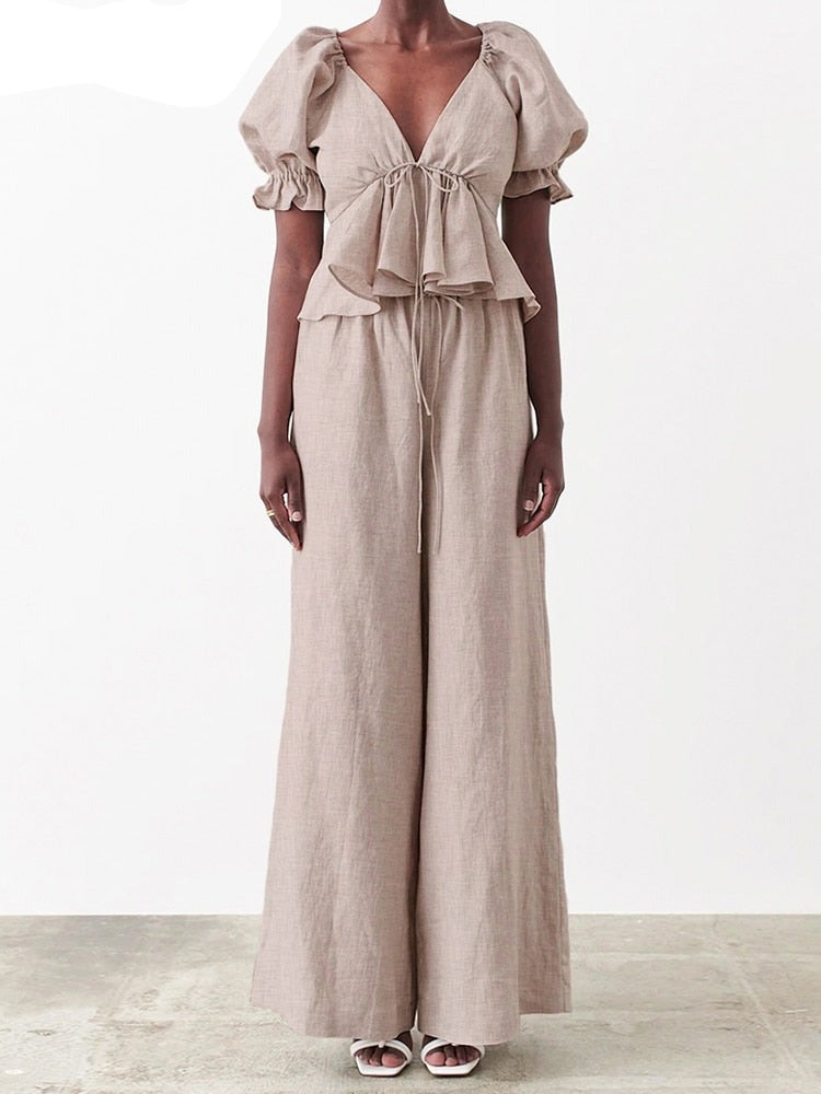 Women's Puff Sleeve Deep V-Neck COTTON Linen Shirt