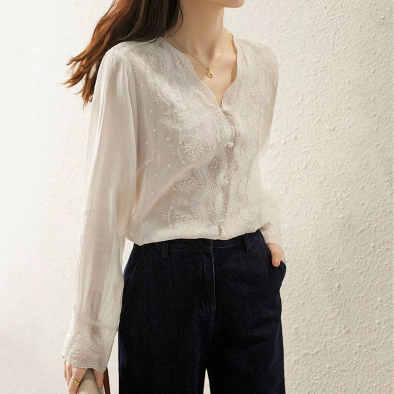 Women's V Neck Sweet Long Sleeve Embroidery Linen Blouse