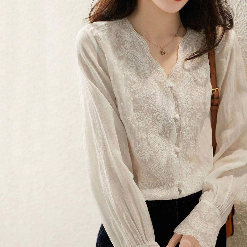 Women's V Neck Sweet Long Sleeve Embroidery Linen Blouse