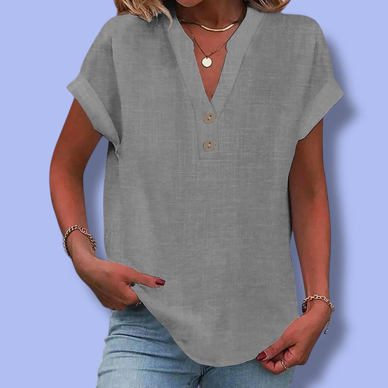 Women’s Summer Cotton Linen V-Neck Shirt