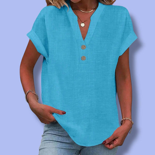 Women’s Summer Cotton Linen V-Neck Shirt