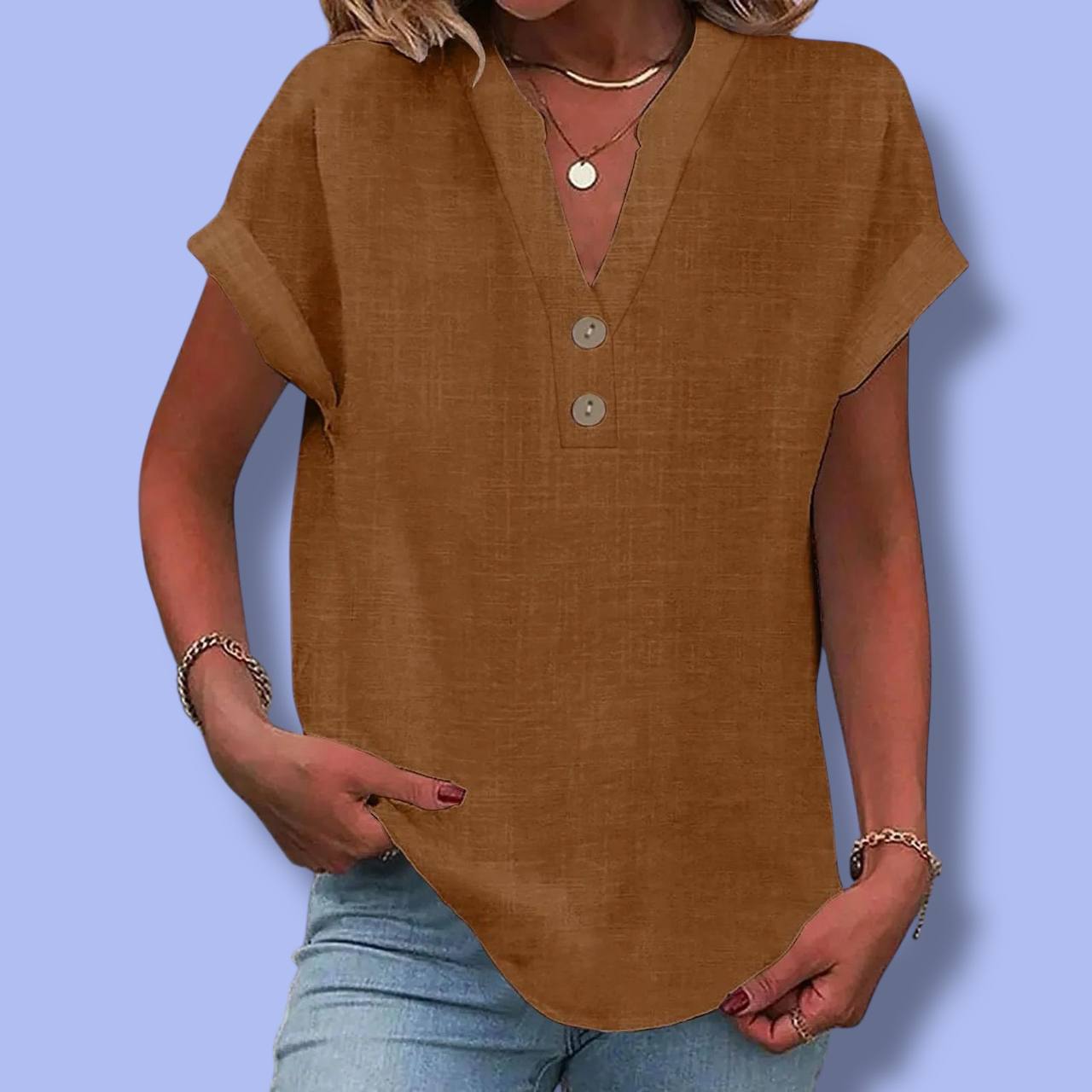 Women’s Summer Cotton Linen V-Neck Shirt