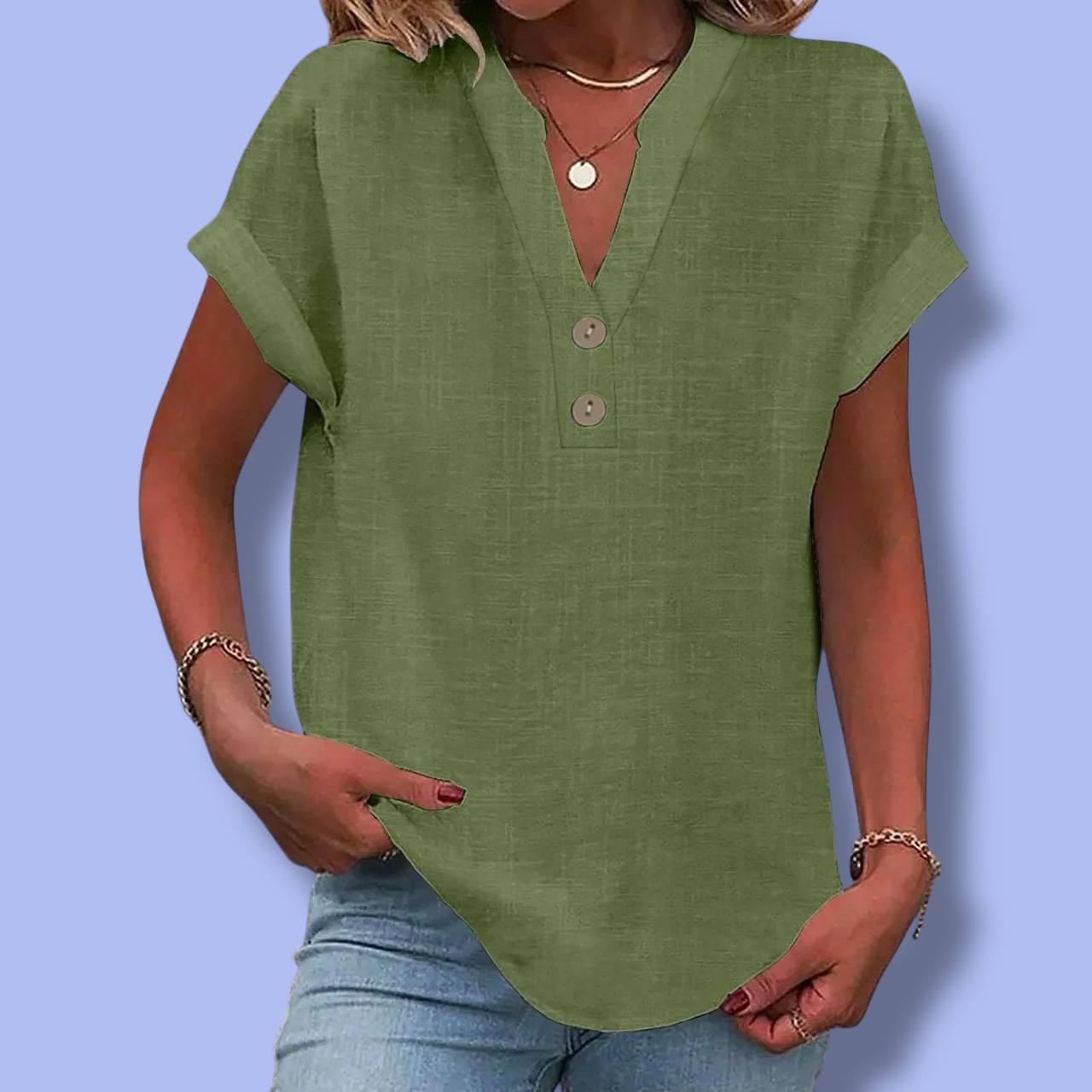 Women’s Summer Cotton Linen V-Neck Shirt