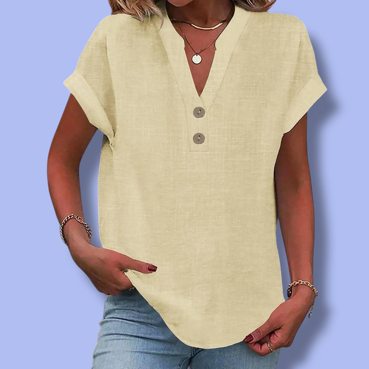 Women’s Summer Cotton Linen V-Neck Shirt