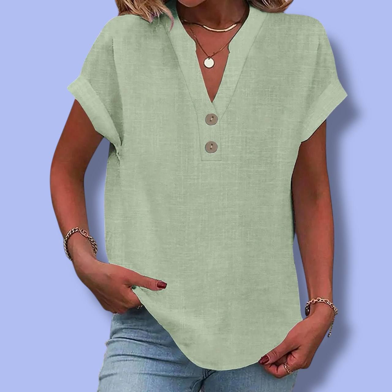 Women’s Summer Cotton Linen V-Neck Shirt