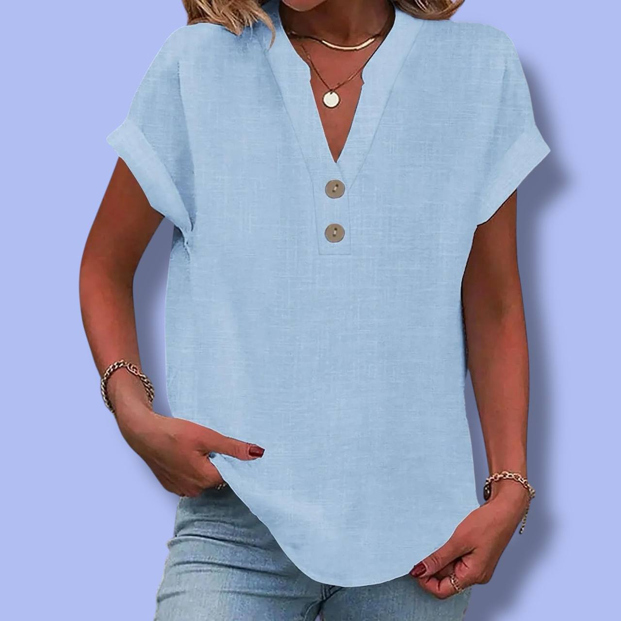 Women’s Summer Cotton Linen V-Neck Shirt