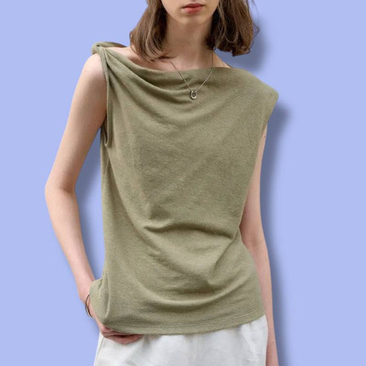 Women’s Summer French Cotton Linen One-Shoulder Top