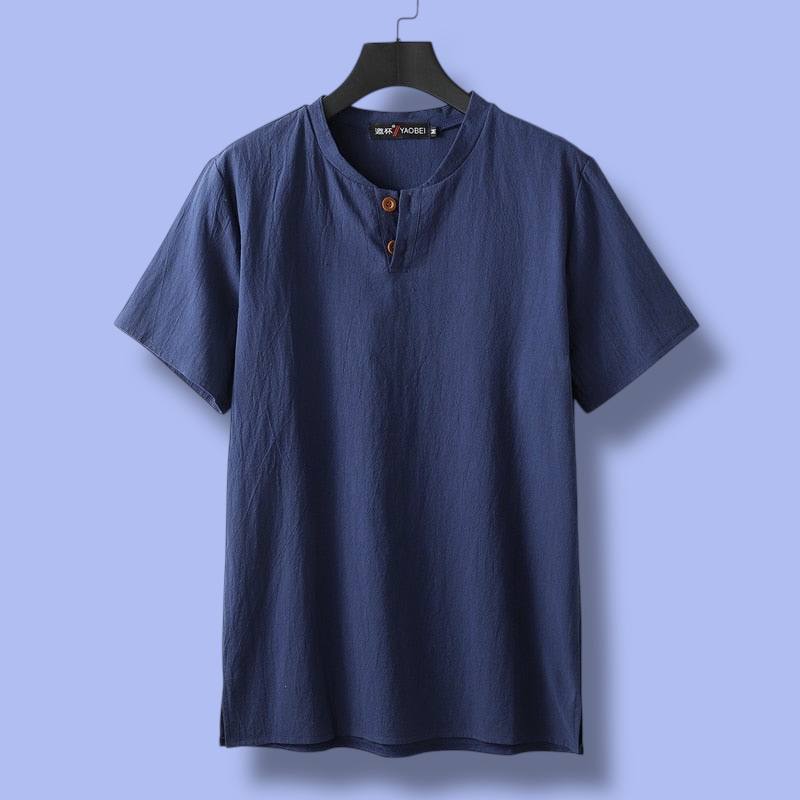 Short Sleeve Henley Collar Linen Polo