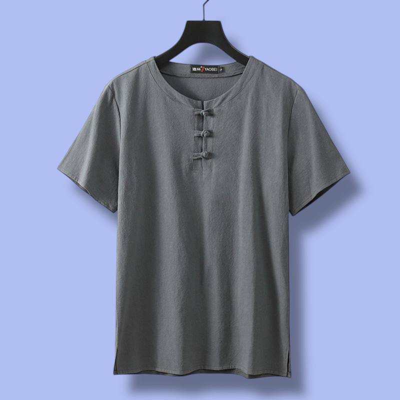 Men’s Short Sleeve O-Neck Linen Tee with Buttons