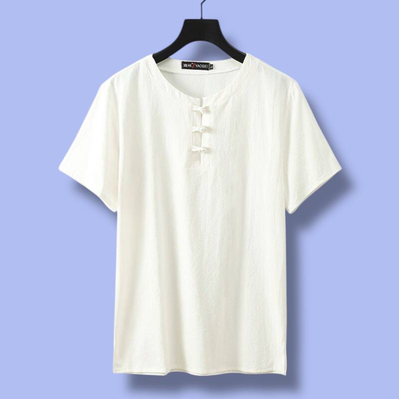 Men’s Short Sleeve O-Neck Linen Tee with Buttons