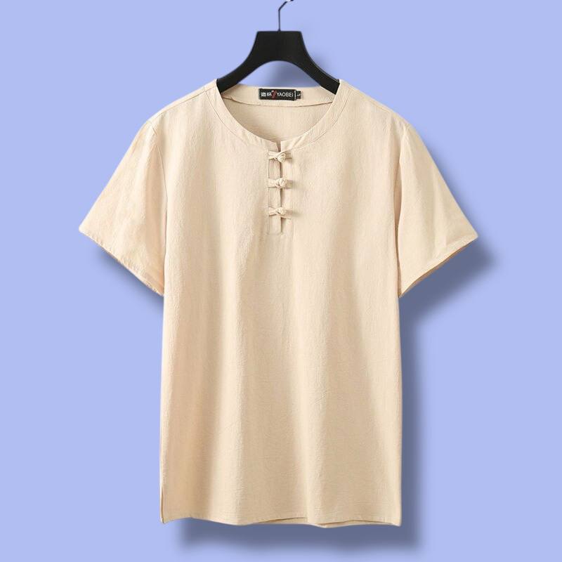 Men’s Short Sleeve O-Neck Linen Tee with Buttons