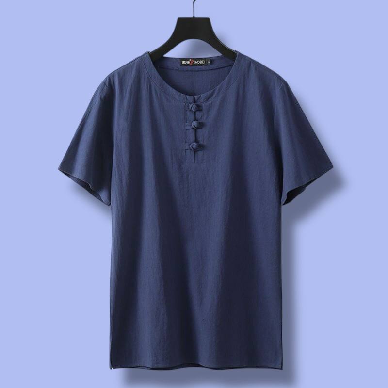 Men’s Short Sleeve O-Neck Linen Tee with Buttons