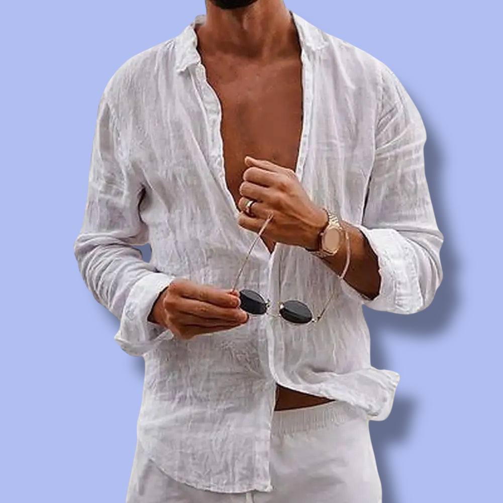 Men’s Cotton Linen Lapel Long Sleeve Shirt