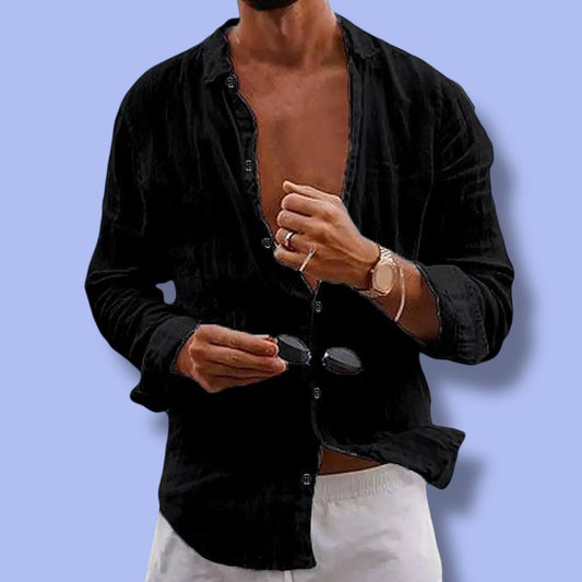 Men’s Cotton Linen Lapel Long Sleeve Shirt