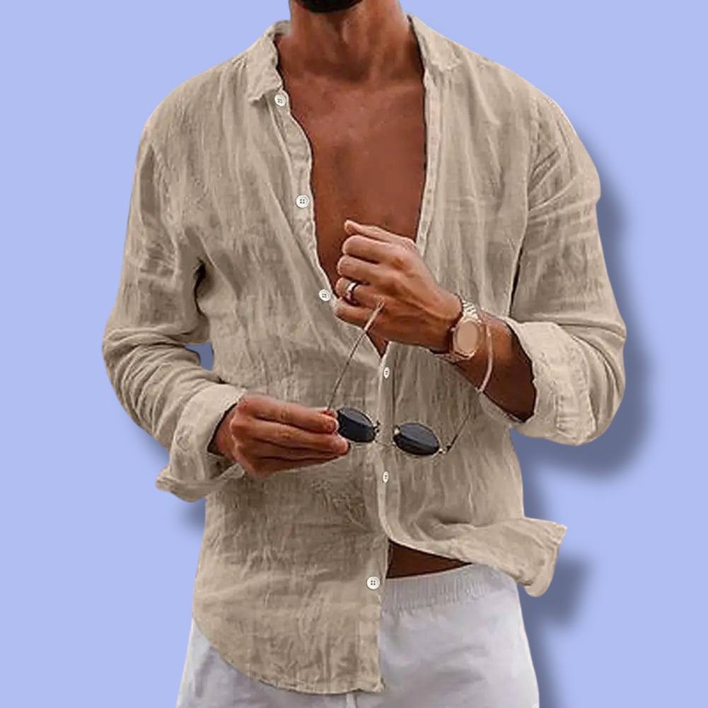 Men’s Cotton Linen Lapel Long Sleeve Shirt