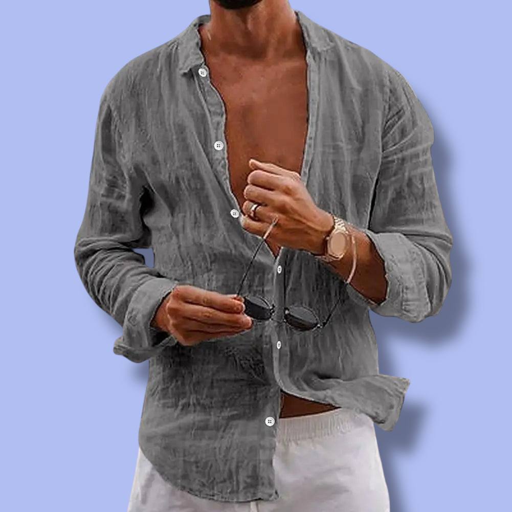 Men’s Cotton Linen Lapel Long Sleeve Shirt