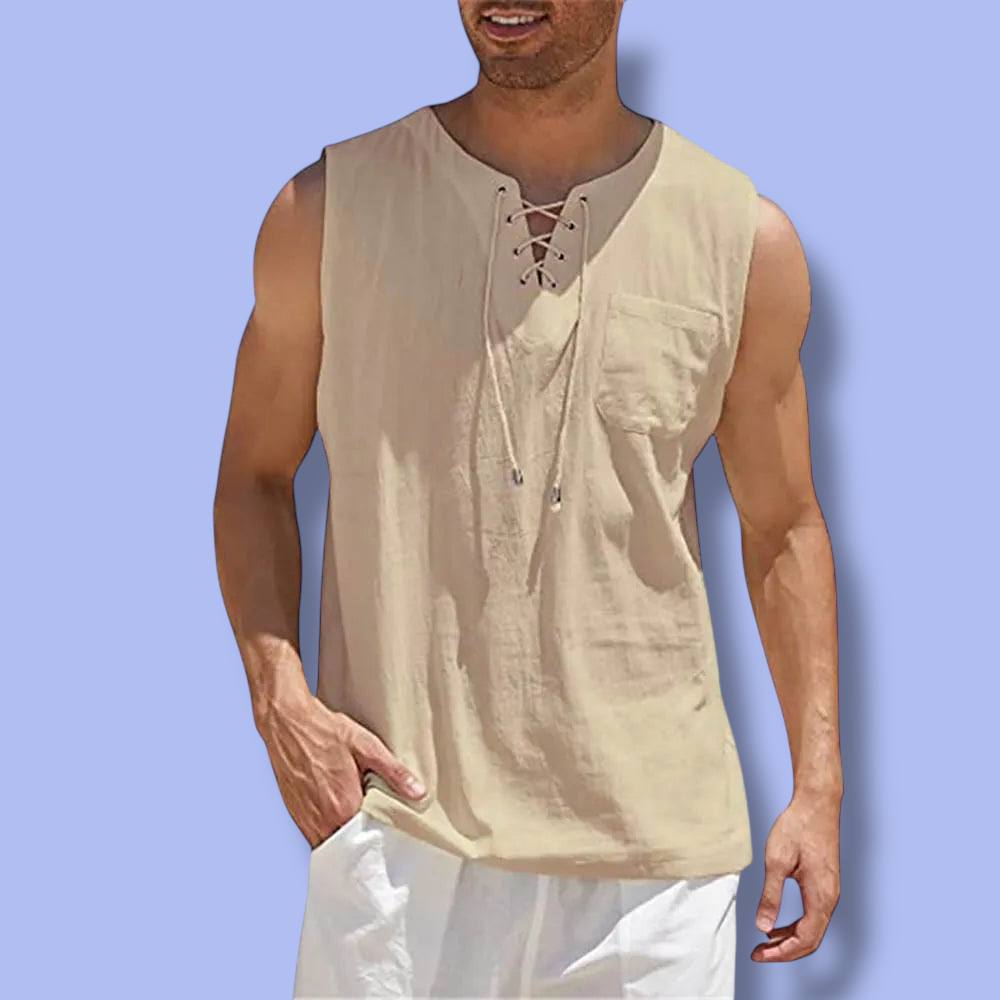 Men’s Sleeveless Cotton Linen Lace-Up Vest
